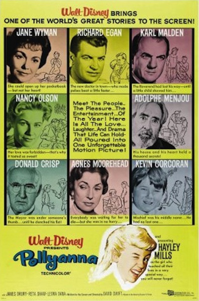 The movie poster shows off the damaged residents of the town who are saved by Pollyanna.