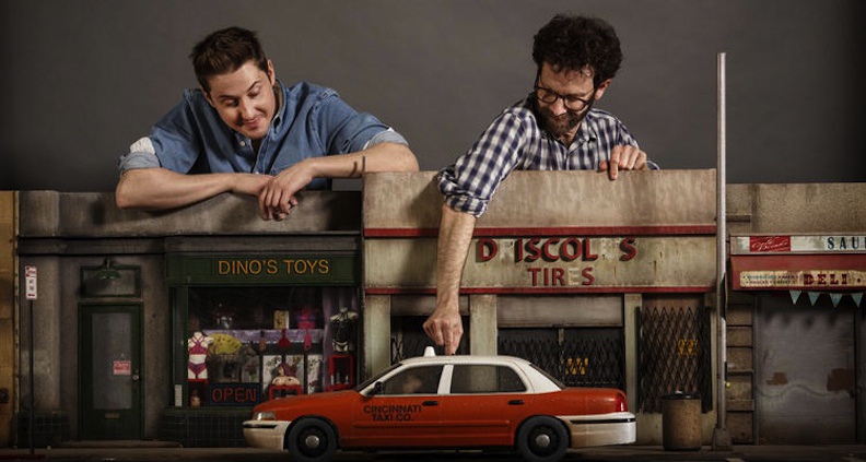Johnson and Charlie Kaufman oversee the dollhouse-size set. Photo by Ricardo DeAratanha/Los Angeles Times