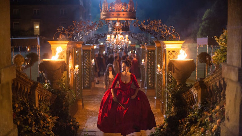 Actress Caitriona Balfe learning to walk and balance in the dress. Courtesy of STARZ TV
