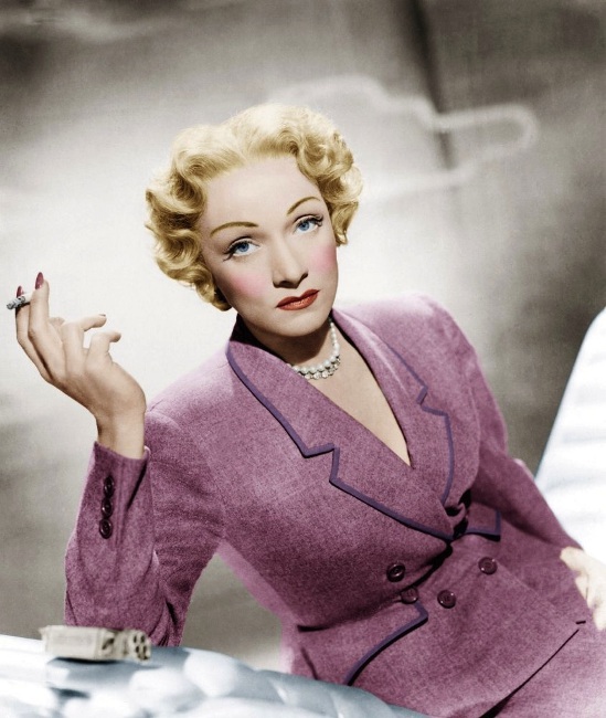 Dietrich in a one-of-a-kind Dior-designed suit for “Stage Fright”