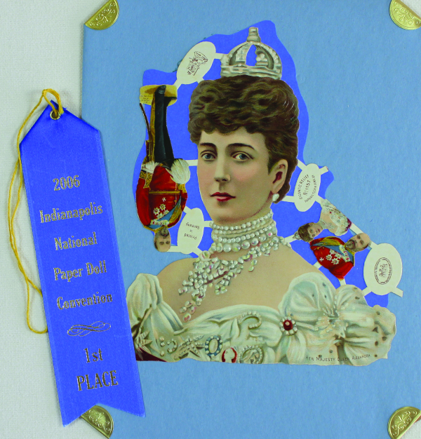 Raphael Tuck used relief stamping and embossing techniques on chromolithography to give a three-dimensional look and feel to paper. Large sheets of scrap connect with small strips (ladders) that join the images together. Children and adults cut out the colorful bits and pasted them in albums. They also decorated valentines, furniture, and trinket boxes. This rare uncut 8.5-inch piece of scrap portrays Queen Alexandra, consort of King Edward VII, and her husband. The Royal Warrant of Appointment dates it to 1901 and 1910. This large example won an award in competition.