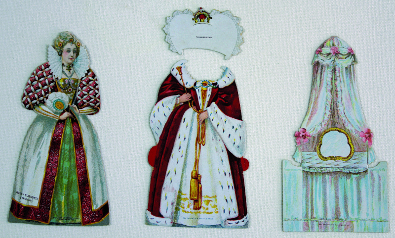 McLaughlin Coffee Company advertised its famous Manor House brew with these dolls of Queen Elizabeth I. This rare paper doll set, circa 1895, is complete. It illustrates an elaborately costumed “Good Queen Bess,” her court robe and crown, and fancy dresser with mirror.
